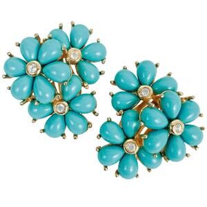 VTG 1960s Signed Monet Robin Egg Blue Cabochon Rhinestone Clip Earrings Colorful